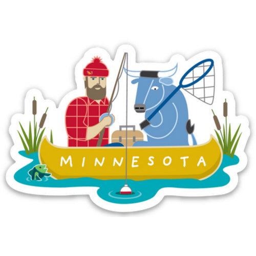 The Bunyan Fishing Sticker is a 3-inch semi-repositionable vinyl sticker showing a bearded man and blue ox fishing in a yellow "Minnesota" canoe, with cattails, frog, and a fishing bobber floating in the water.