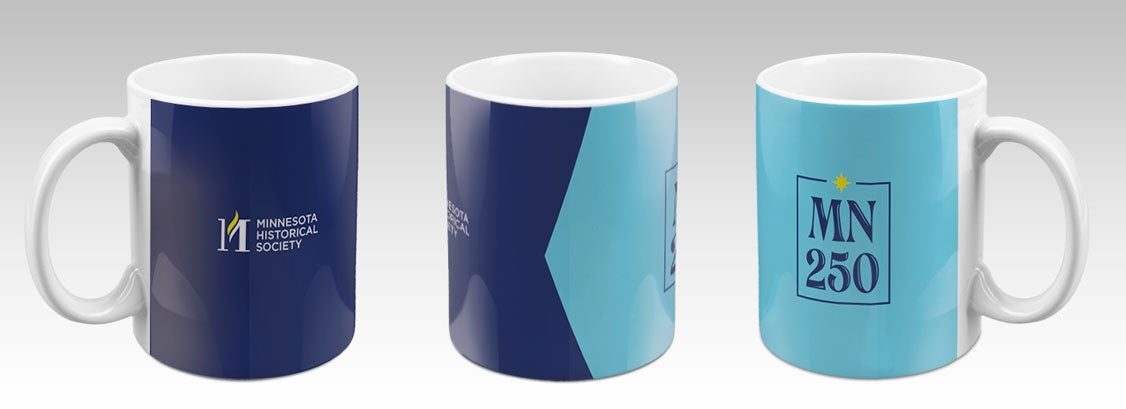 The MN250 Custom Mug is a ceramic mug in blue tones featuring MN 250 in a blue square with a yellow star—ideal for American history buffs and fans of historical sites.