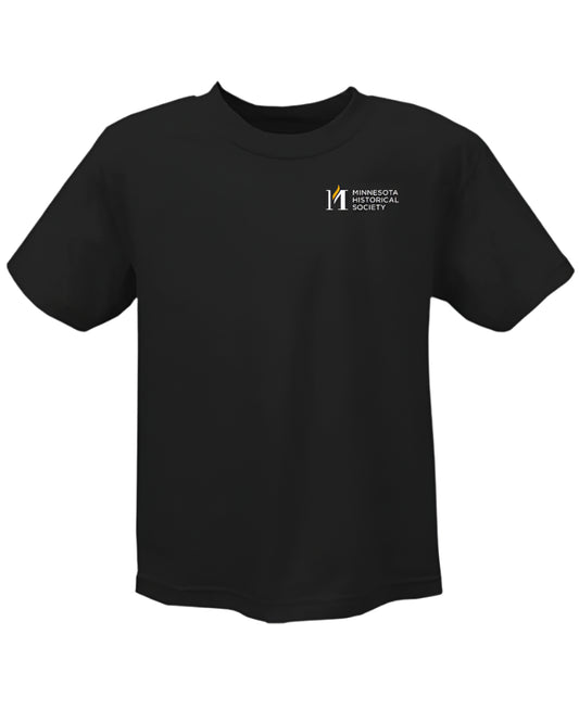 The Minnesota Historical Society Icon T-Shirt is a black short-sleeve tee with the society's classic white and gold logo on the upper left chest.