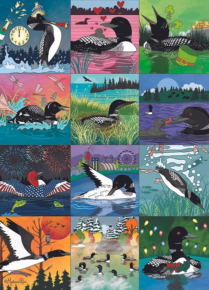 Enjoy “A Year of Loons 1000 PC Puzzle,” featuring twelve beautifully illustrated panels of loons in monthly and event-themed settings—including fireworks, holidays, changing seasons, and stunning nature backgrounds. This unique puzzle is perfect for loon fans, bird jigsaw lovers, or anyone who appreciates intricate loons puzzles.