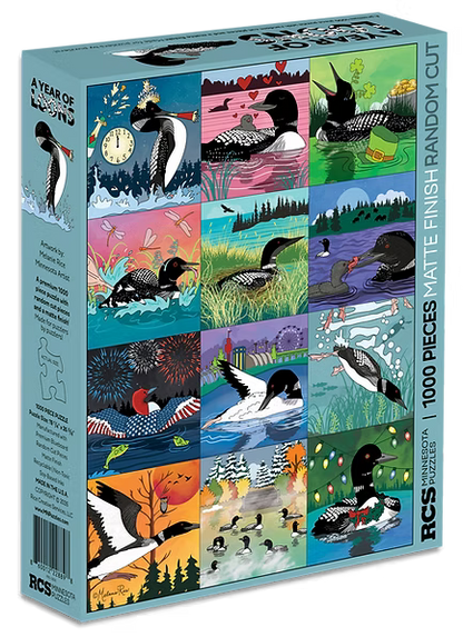 The A Year of Loons 1000 PC Puzzle features twelve vibrant illustrated panels of loons in different seasonal and natural settings, displayed in a 3x4 grid on the front of the box—making it an ideal choice for bird jigsaw enthusiasts and collectors of loon calendar art.