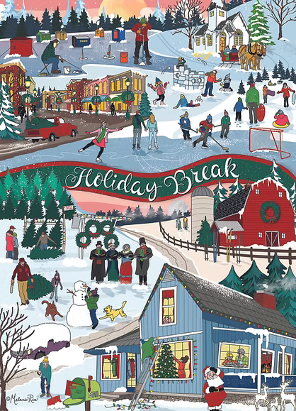 Celebrate the season with the Holiday Break 1000 PC Puzzle, featuring a festive Midwest winter scene filled with people ice skating, skiing, sledding, building snowmen, and decorating their homes. The charming artwork includes a barn, cozy houses adorned with holiday wreaths, Santa Claus making an appearance, and “Holiday Break” written across the center. Snow blankets the landscape in this delightful puzzle—perfect for family gatherings or cozy nights in during the holidays.