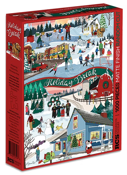 The Holiday Break 1000 PC Puzzle is a premium jigsaw featuring vibrant winter scenes of people ice skating, playing sports, sledding, and celebrating outdoors amid snowy houses and trees—a perfect Midwest winter puzzle for cozy holiday gatherings.