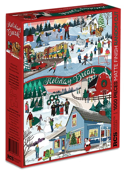 The Holiday Break 1000 PC Puzzle is a premium jigsaw featuring vibrant winter scenes of people ice skating, playing sports, sledding, and celebrating outdoors amid snowy houses and trees—a perfect Midwest winter puzzle for cozy holiday gatherings.