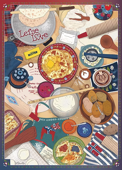 Enjoy a colorful overhead view of lefse-making essentials—including rolling pins, butter, a skillet, coffee, mixing bowls, and Scandinavian festive decorations—captured in the “Lefse Love 500 PC Puzzle,” celebrating Norwegian baking traditions just like assembling the pieces of a Scandinavian heritage puzzle.