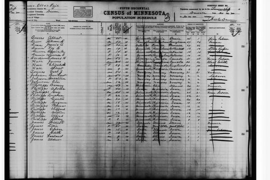 1905 Minnesota Census record showing the names of residents on the left column and their data to the right. 