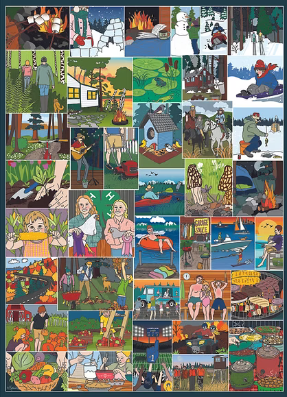 Introducing the Midwest Life 1000 PC Puzzle: a vibrant collage of illustrations showcasing seasonal outdoor activities inspired by life in the Midwest. From outdoor cooking, gardening, and harvesting crops to snow sports, camping, swimming, family leisure time, and enthusiastic sports games—each piece celebrates heartland traditions. The colorful, cartoonish art style adds a touch of charming nostalgia, perfectly capturing the warmth and spirit of Midwest living.