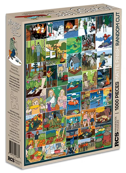 Midwest Life 1000 PC Puzzle: This puzzle box includes 1,000 pieces and features a cover with a grid of colorful illustrated scenes showcasing seasonal outdoor activities, family moments, and heartland traditions that embody the vibrant spirit of the Midwest.