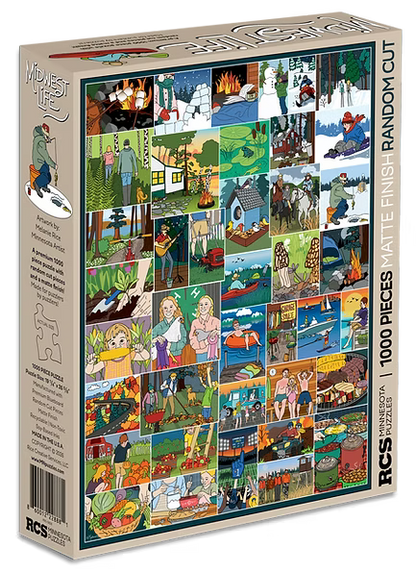 Midwest Life 1000 PC Puzzle: This puzzle box includes 1,000 pieces and features a cover with a grid of colorful illustrated scenes showcasing seasonal outdoor activities, family moments, and heartland traditions that embody the vibrant spirit of the Midwest.