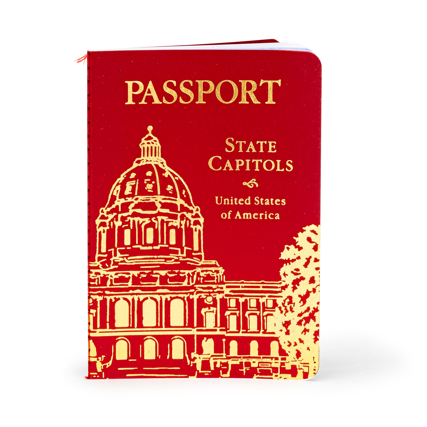 The State Capitol Passport is a red, passport-style booklet titled "State Capitols, United States of America," featuring a gold illustration of a capitol building on the cover. This State Capitol Passport is perfect for tracking your adventures as you visit state capitols across the country.