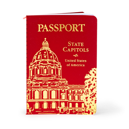 The State Capitol Passport is a red, passport-style booklet titled "State Capitols, United States of America," featuring a gold illustration of a capitol building on the cover. This State Capitol Passport is perfect for tracking your adventures as you visit state capitols across the country.