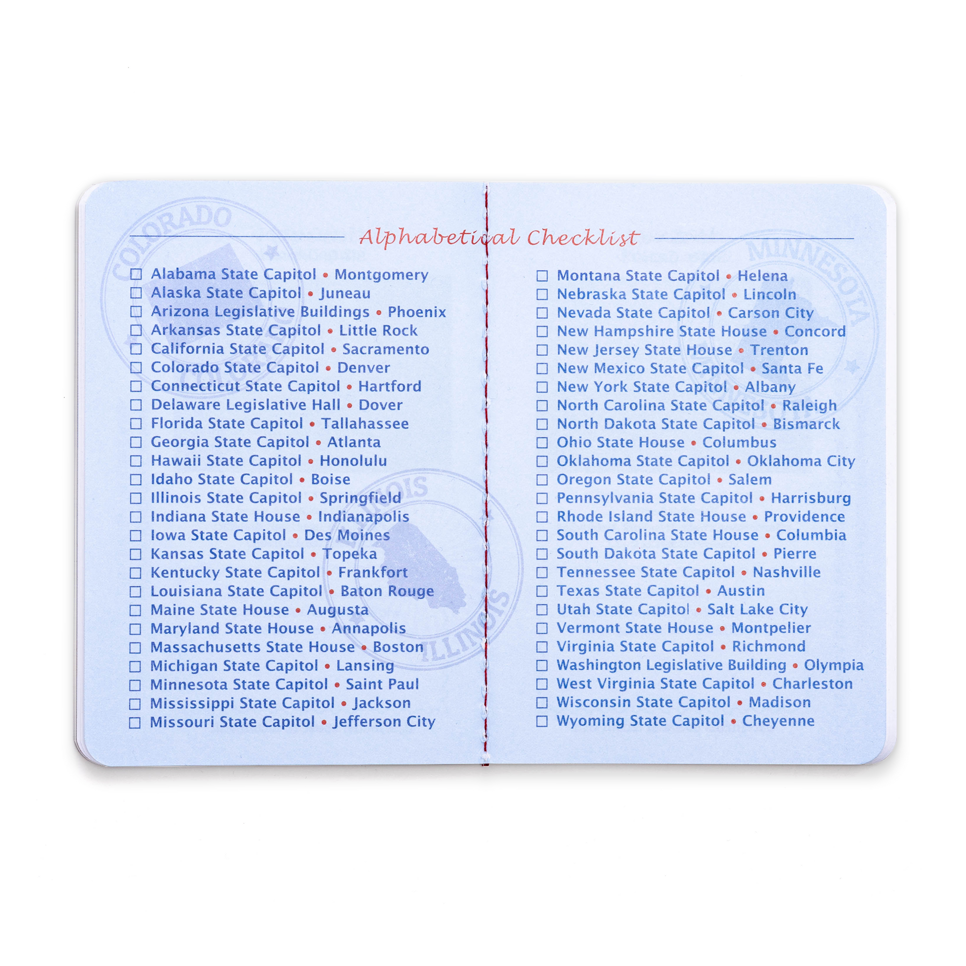 Introducing the State Capitol Passport—a handy alphabetical checklist featuring all 50 U.S. state capitols, complete with checkboxes to mark each location you visit. Displayed on a blue and white background adorned with subtle state seal graphics, this passport is the perfect companion for travelers planning to explore every state capitol across the nation.
