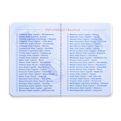 Introducing the State Capitol Passport—a handy alphabetical checklist featuring all 50 U.S. state capitols, complete with checkboxes to mark each location you visit. Displayed on a blue and white background adorned with subtle state seal graphics, this passport is the perfect companion for travelers planning to explore every state capitol across the nation.