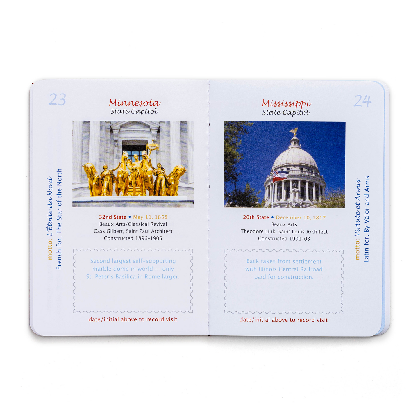 Discover fascinating facts about the Minnesota and Mississippi State Capitols with the State Capitol Passport—ideal for travelers eager to explore these iconic buildings. Inside, you'll find vibrant pages featuring photographs, statehood dates, architect bios, fun trivia, and dedicated spaces to jot down memories from your own state capitol journeys. Each page is designed with eye-catching blue, red, and yellow text framed by elegant decorative borders.