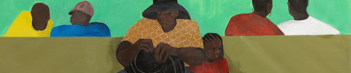 A painted scene showing several people seated and standing against a bright green background, with a large tan foreground area in front of them. The central painted figure wears a dark hat and a yellow patterned top, and the artwork uses bold blocks of red, blue, white, and yellow.