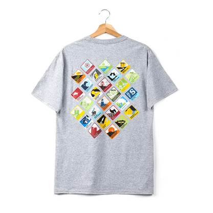 The Minnesota Historical Society Icon T-Shirt is a gray short-sleeve tee shown from the back, featuring a large diamond of colorful nature-inspired graphic patches and the classic society logo.