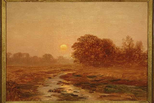 An oil painting depicting a sunset over a copse of trees. Water or snow is in the foreground. The colors are muted and fading to orange. Title: "Sunset". Oil painting by Nicholas Richard Brewer. 1900.  MNHS Accession number: AV1982.91.1